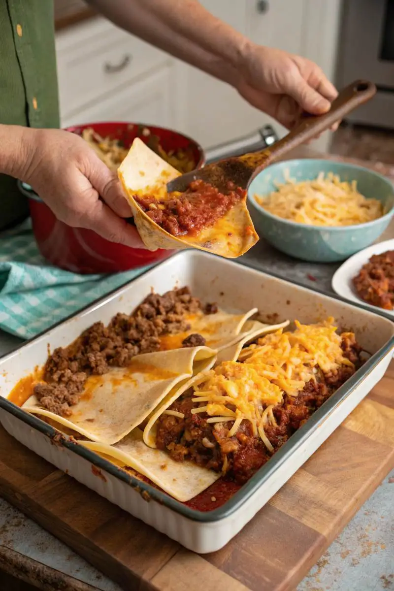 Layering process of taco lasagna with beef and tortillas