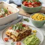 Taco lasagna served with elote and guacamole