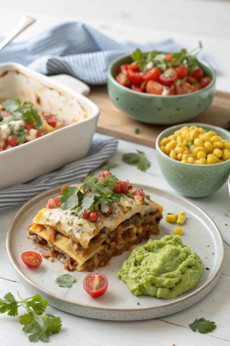 Taco lasagna served with elote and guacamole