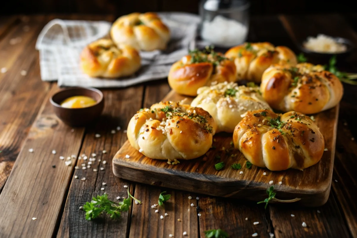 Cheesy garlic knots with melted mozzarella and garlic butter glaze
