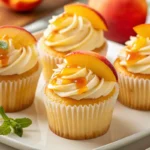 Honey peach cupcakes served with peach slices and honey drizzle