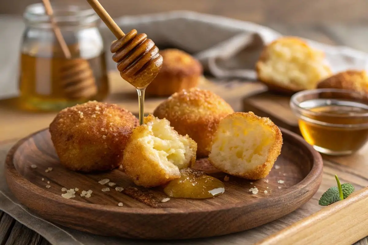 Crispy honey cornbread poppers drizzled with honey