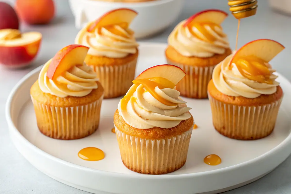 Honey peach cupcakes with fresh peach slices and honey drizzle