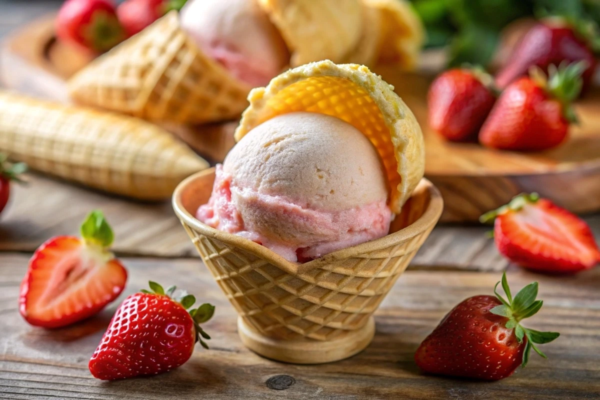 Vegan strawberry banana soy ice cream in a waffle cone