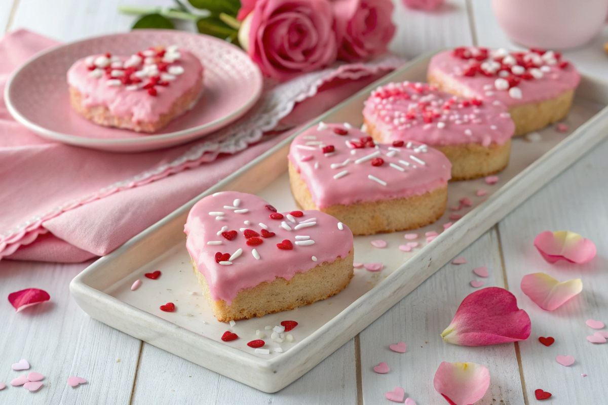 pink heart snack cakes on a plate
