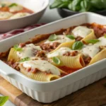 Creamy ricotta beef stuffed shells baked with melted cheese
