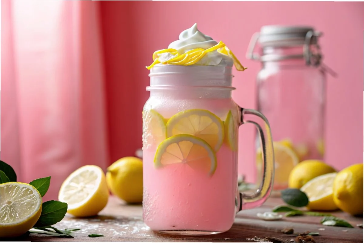 whipped pink lemonade in mason jar summer drink