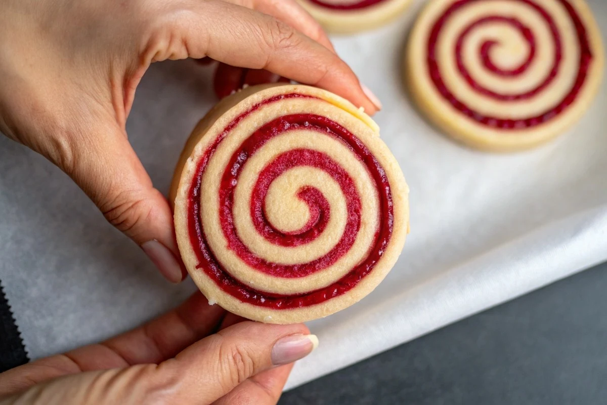 Rolling raspberry swirl cookie dough with jam