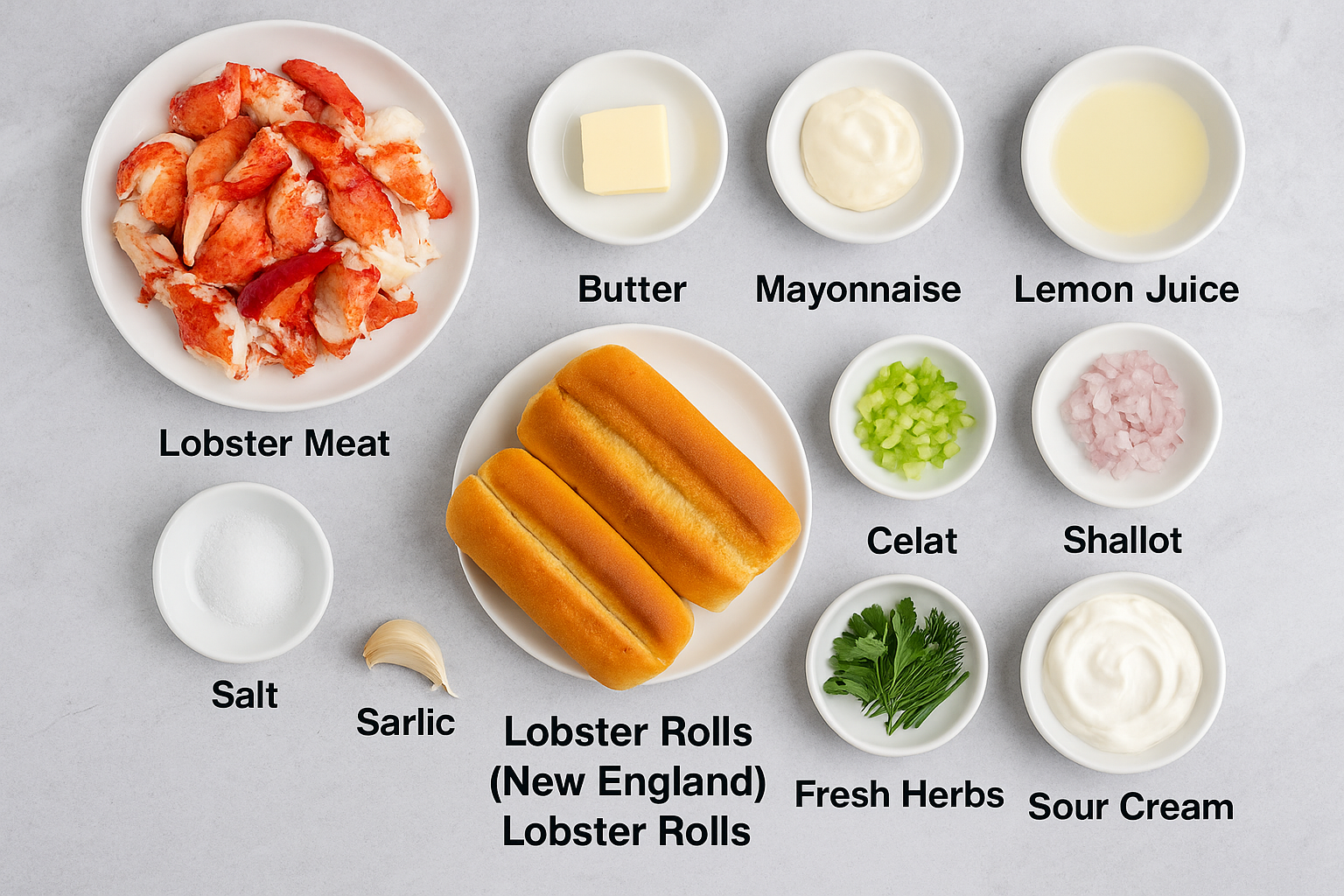 Ingredients for traditional lobster rolls including lobster meat, buns, butter, celery, herbs, lemon