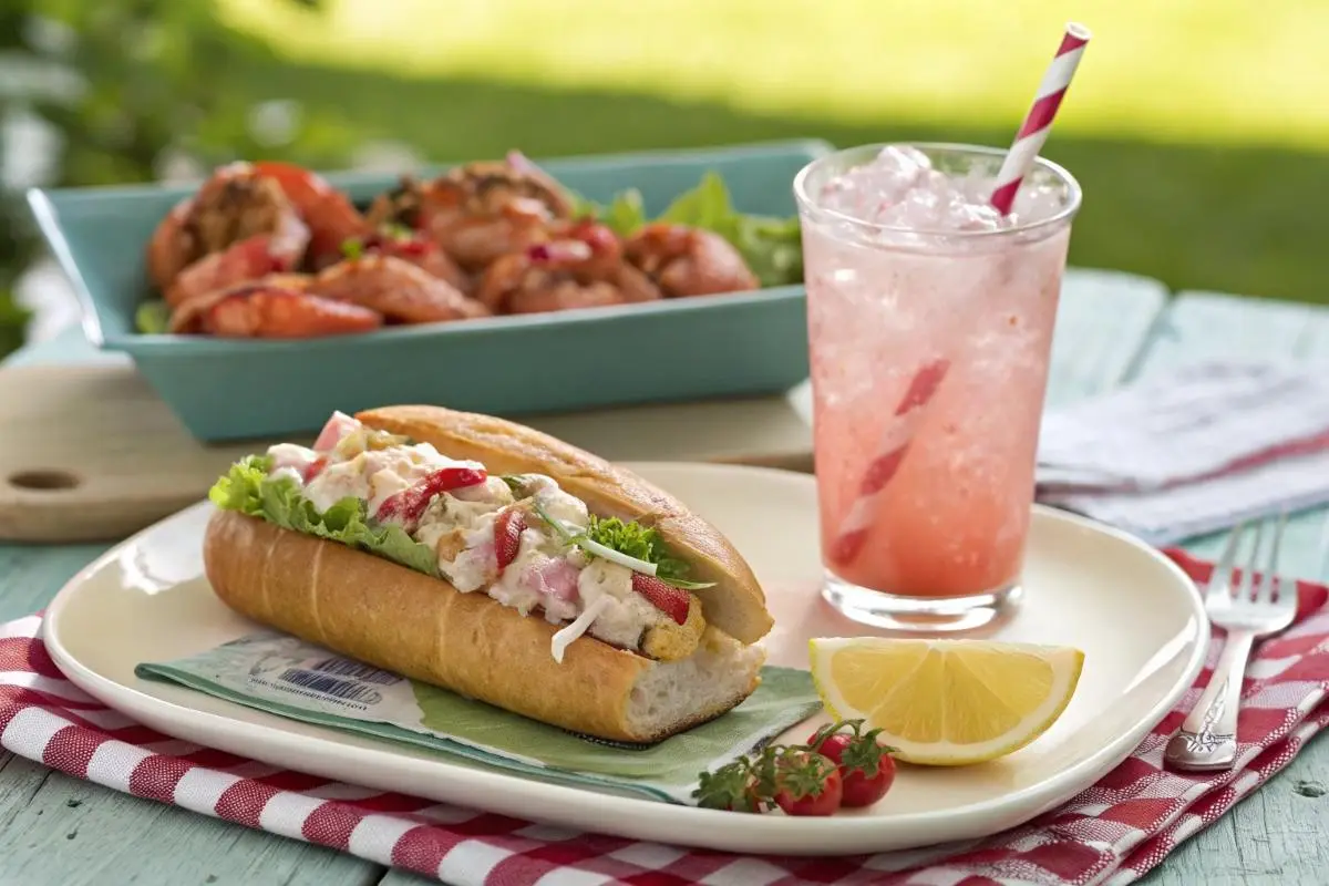 Lobster roll served with whipped pink lemonade in a summer outdoor setting