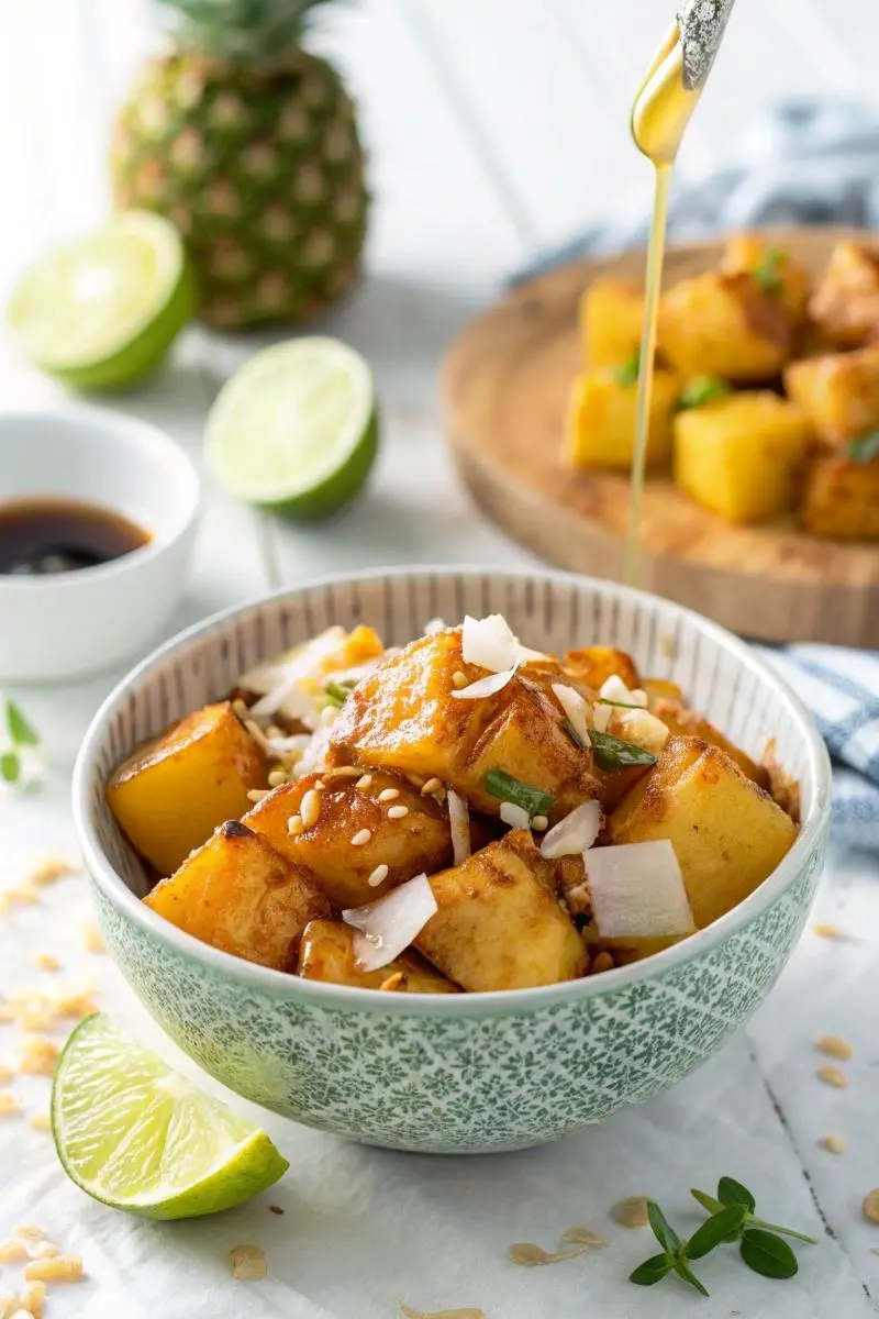 Bowl of tropical fried pineapple cubes drizzled with honey and topped with coconut flakes
