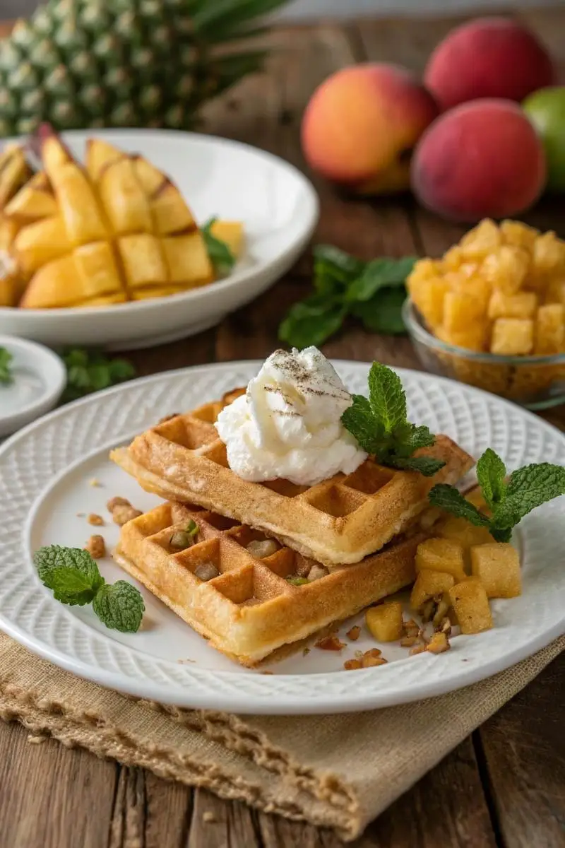 Tropical fried pineapple served over golden waffles with whipped cream and fresh mint