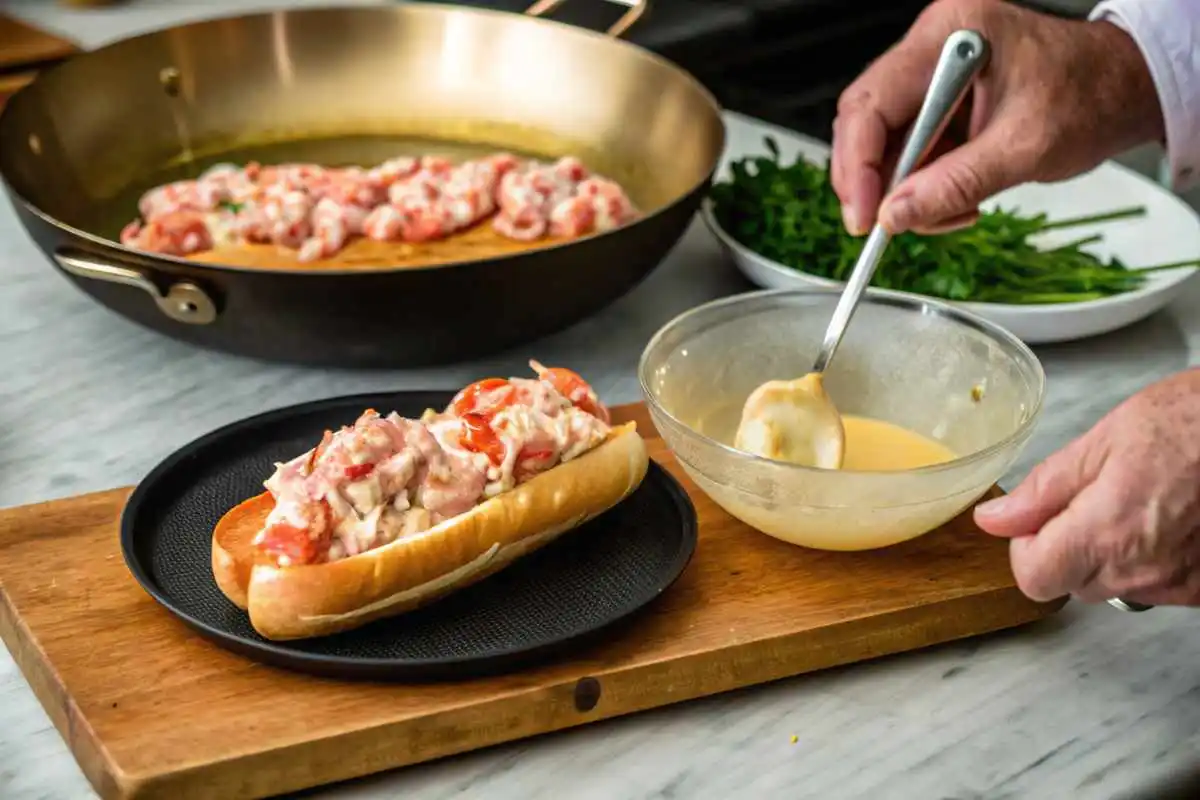 Hands preparing lobster roll: toasting buns, mixing lobster with mayo or butter