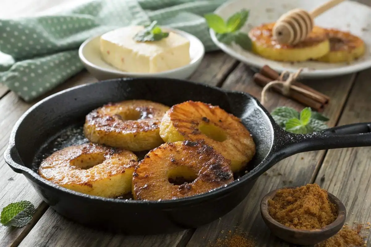 Caramelized tropical fried pineapple rings in a skillet with brown sugar and honey in background