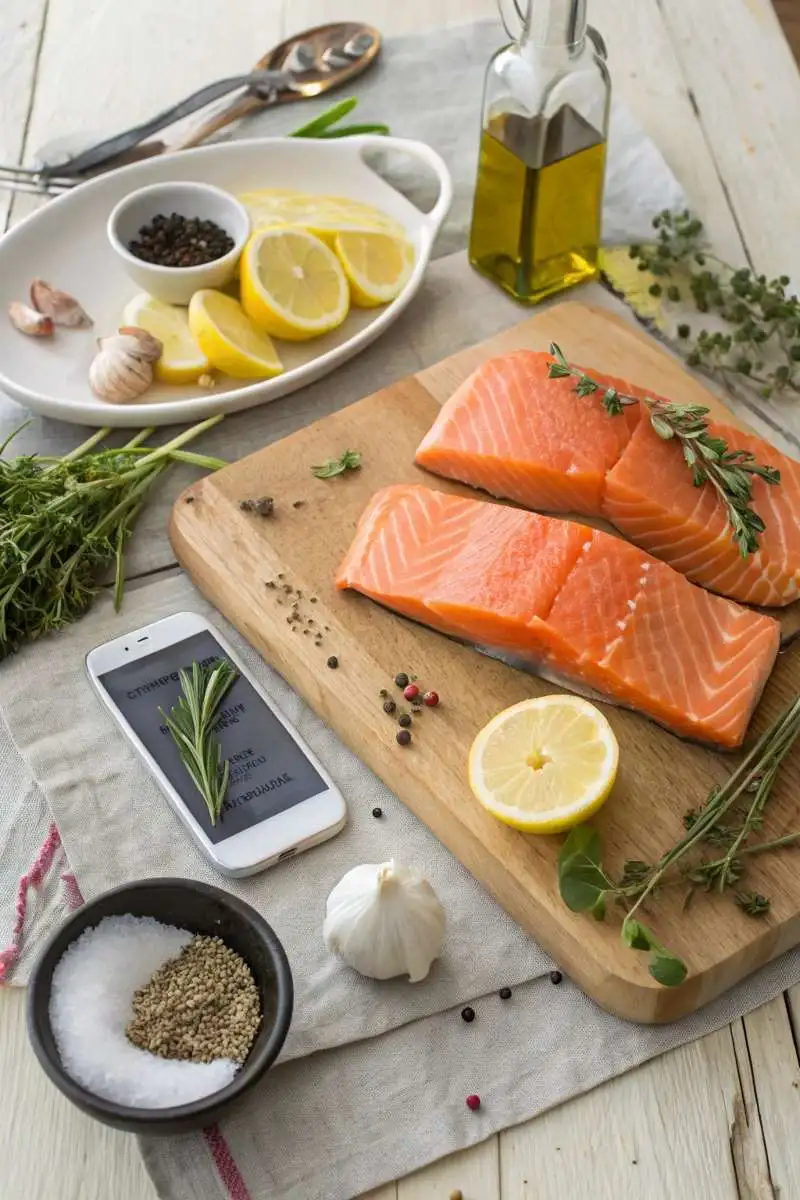 Ingredients for king salmon recipe on wooden table