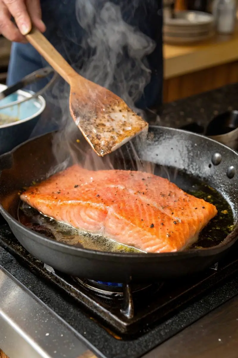 King salmon recipe cooking in a skillet skin-side down
