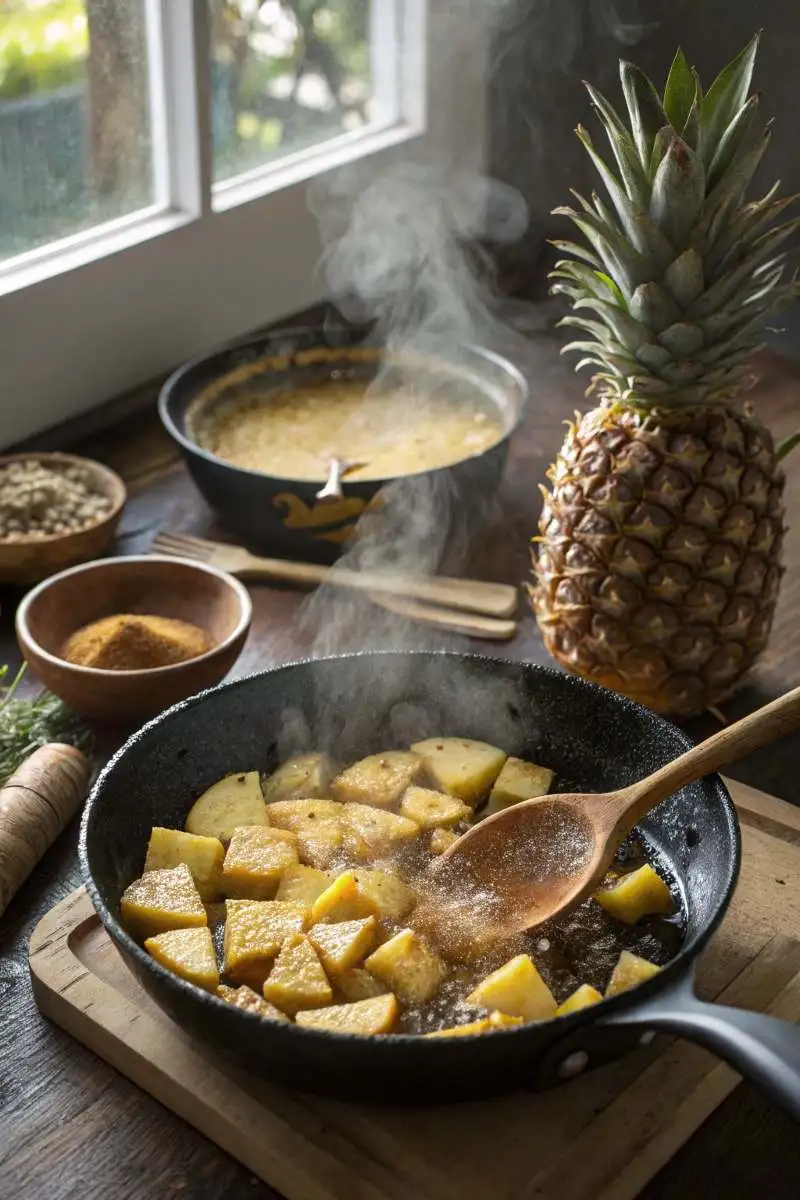 Steaming skillet of tropical fried pineapple cubes being cooked with brown sugar and spices