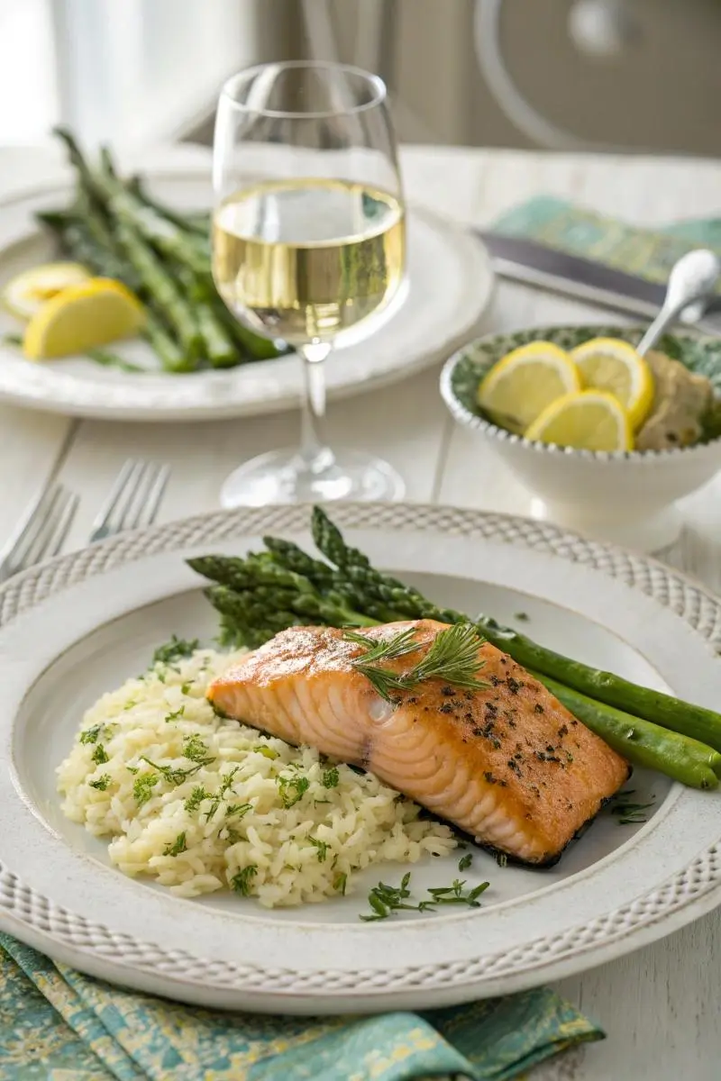 King salmon recipe served with rice and roasted asparagus