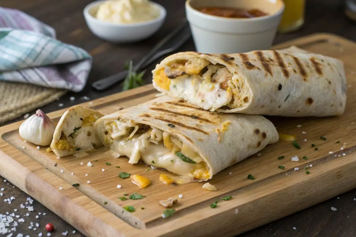 Cheesy garlic chicken wraps sliced with melted cheese