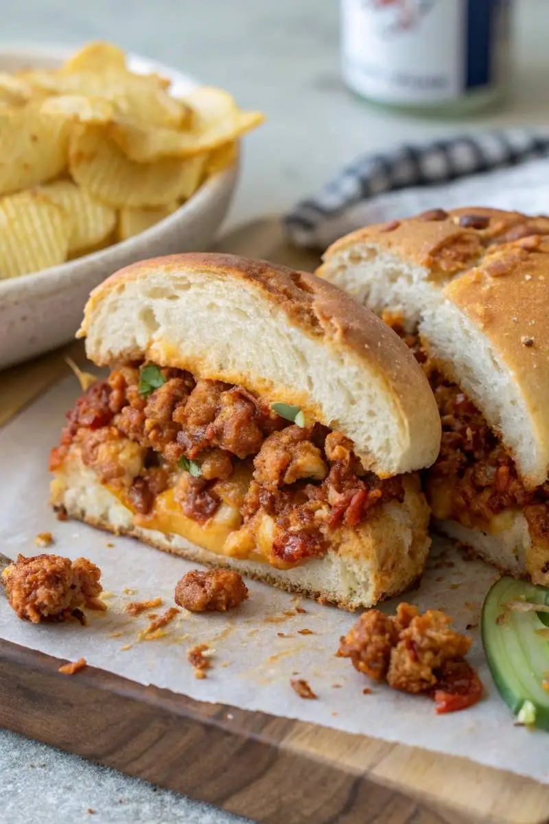 sliced open Cajun chicken sloppy joe sandwich showing filling