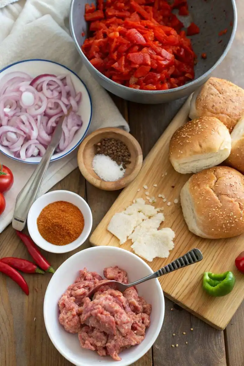 raw ingredients for Cajun chicken sloppy joes on wooden kitchen surface