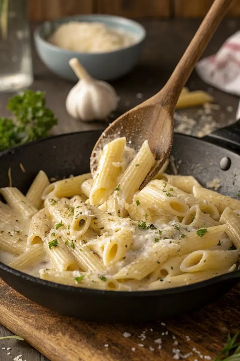 creamy buffalo wild wings garlic parmesan chicken pasta in skillet