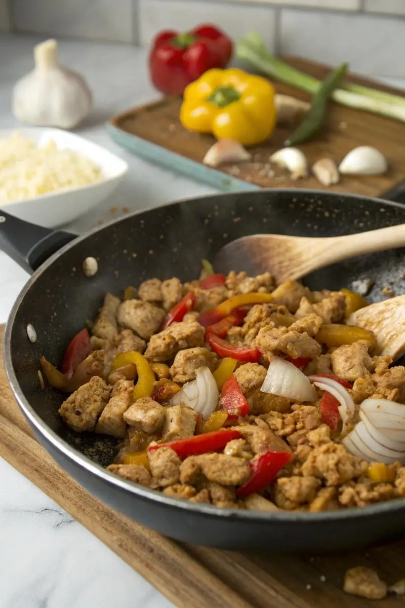 cajun chicken sloppy joe filling cooking in skillet