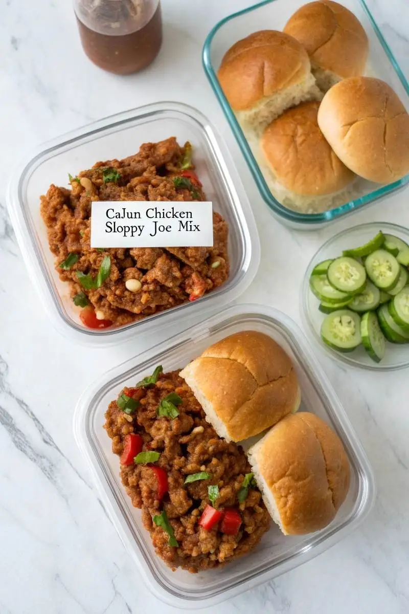 meal prep containers with Cajun chicken sloppy joe mix