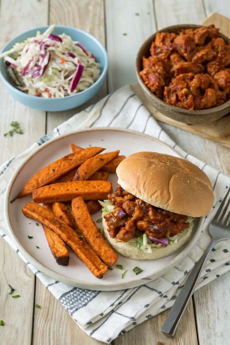 cajun chicken sloppy joes with fries and coleslaw plate