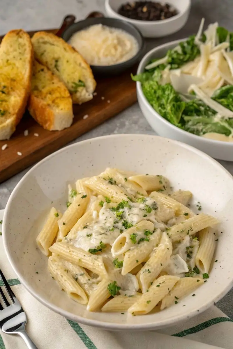 garlic parmesan chicken pasta served with garlic bread and salad