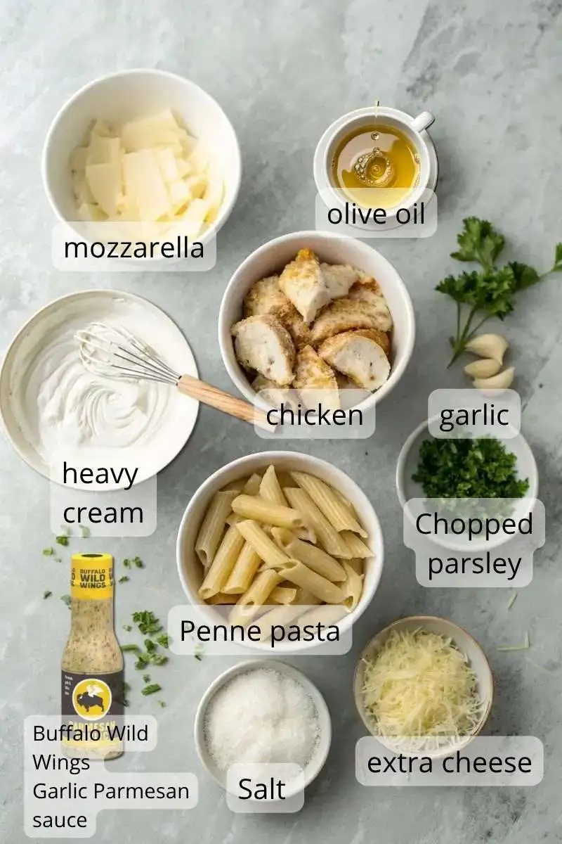 raw ingredients buffalo wild wings garlic parmesan chicken pasta