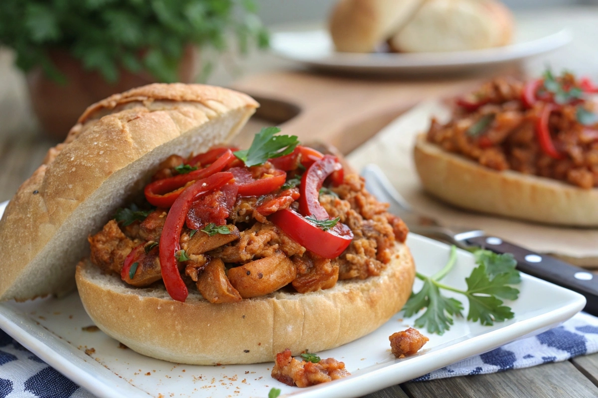 cajun chicken sloppy joes on toasted buns with spicy filling