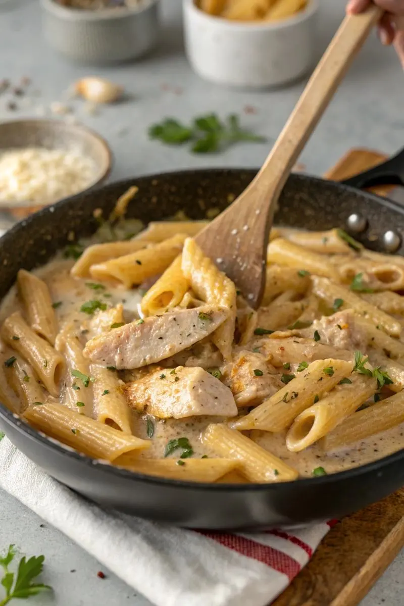 stirring buffalo wild wings garlic parmesan chicken pasta skillet