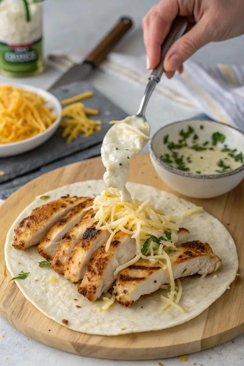 Assembling cheesy garlic chicken wraps